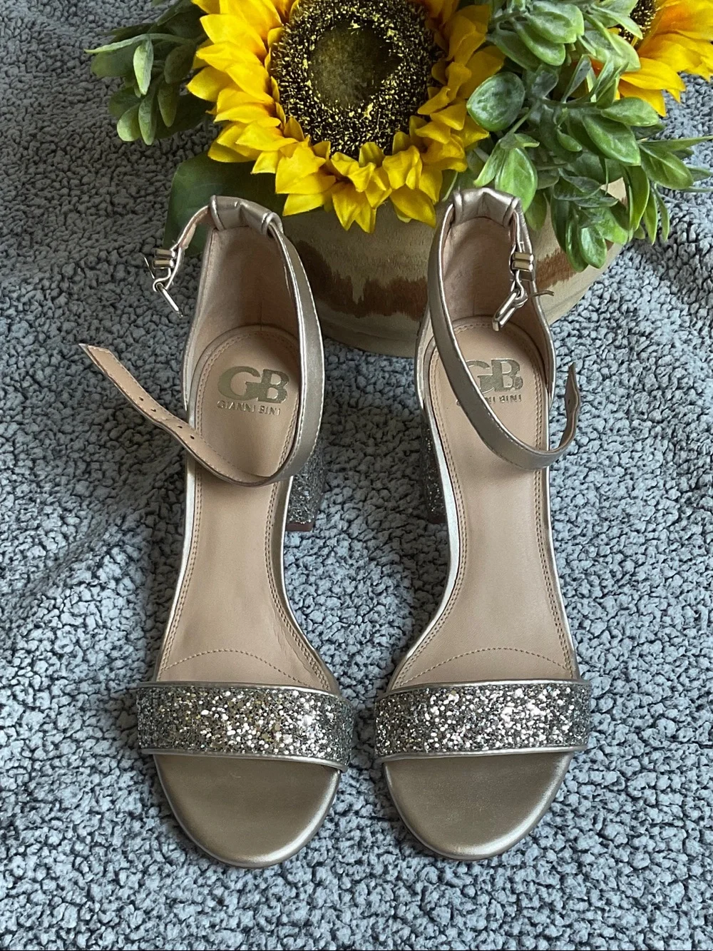 Gianni Bini Champagne Glitter Block Heel Sandals